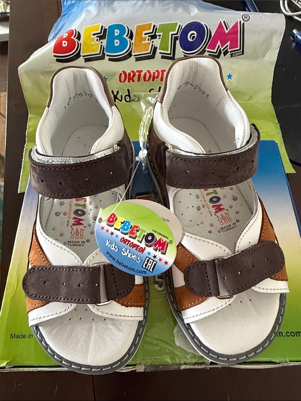 bebetom ortopedi Brown, White & Tan Leather Kids Sandals
